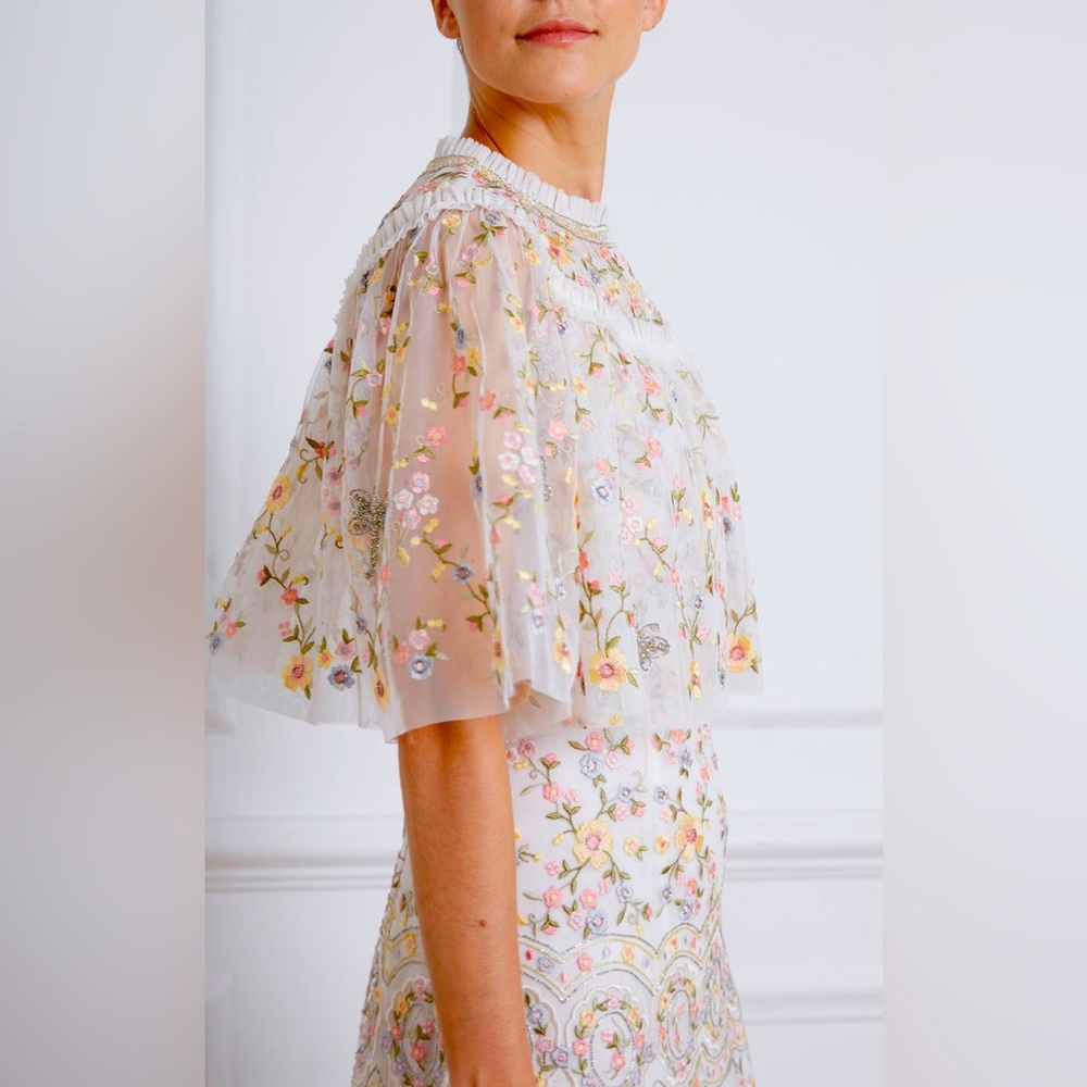 Needle and Thread ‘Sweet Petal’ White Embroidered Tulle Cape Size Small